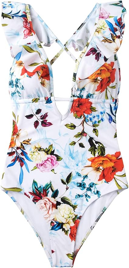 CUPSHE Women's One Piece Swimsuit Ruffle Deep V Neck Strappy Swimwear Bathing Suits | Amazon (US)