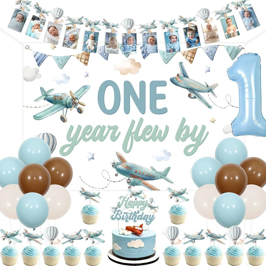 Kreatwow Airplane 1st Birthday Party Decorations Blue for Boy One Year Flew By Backdrop Time Flie... | Amazon (US)
