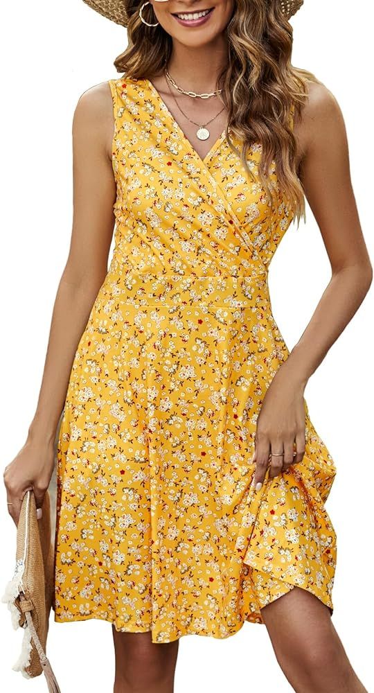Naggoo Sundresses for Women Summer Casual Faux Wrap V Neck Floral Short Tank Dress with Pockets | Amazon (US)