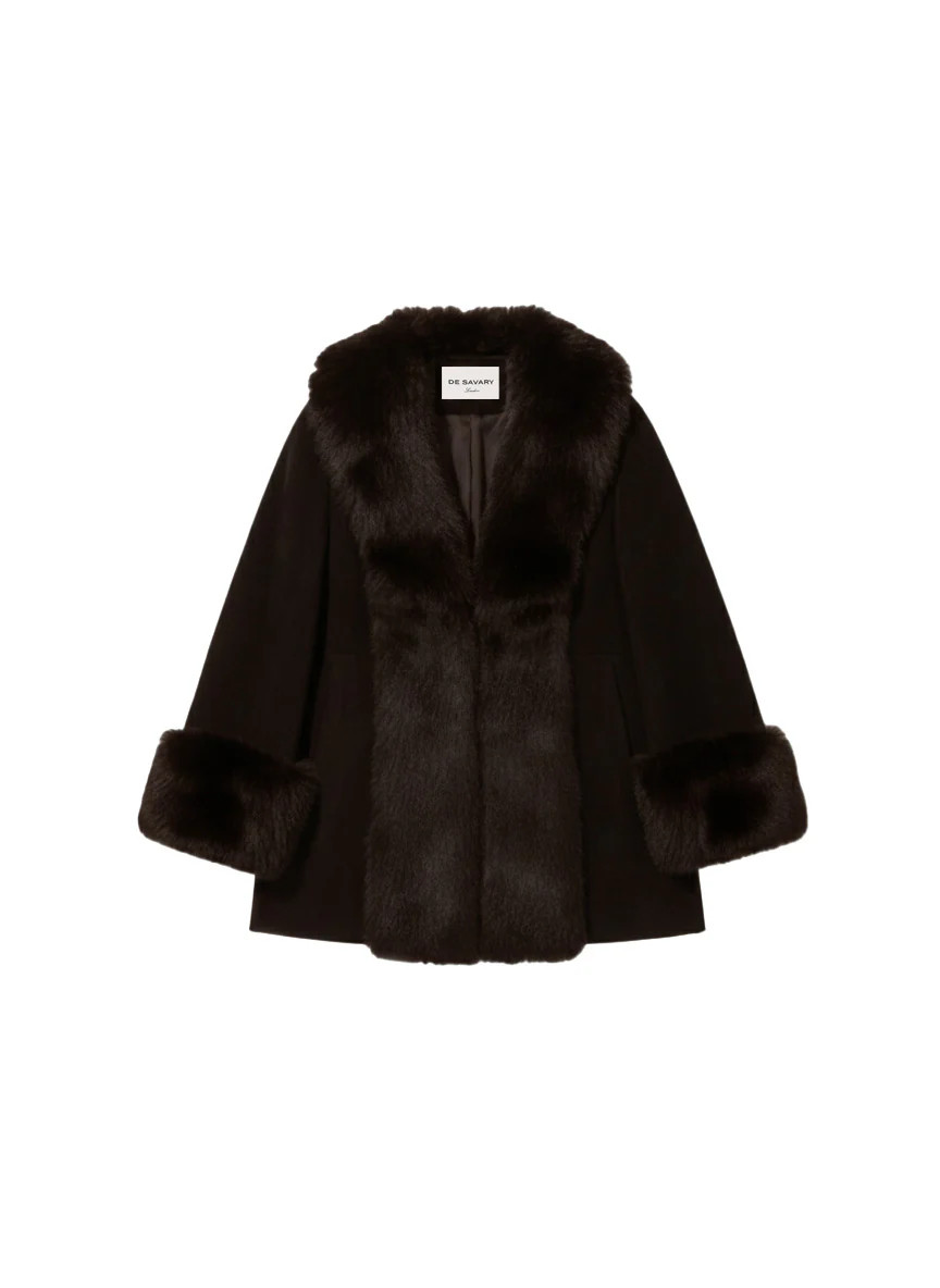 Espresso Suede Faux Fur Trim Coat | DE SAVARY LONDON