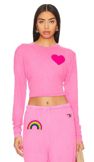 Heart Print Long Sleeve Boyfriend Tee in Neon Pink | Revolve Clothing (Global)