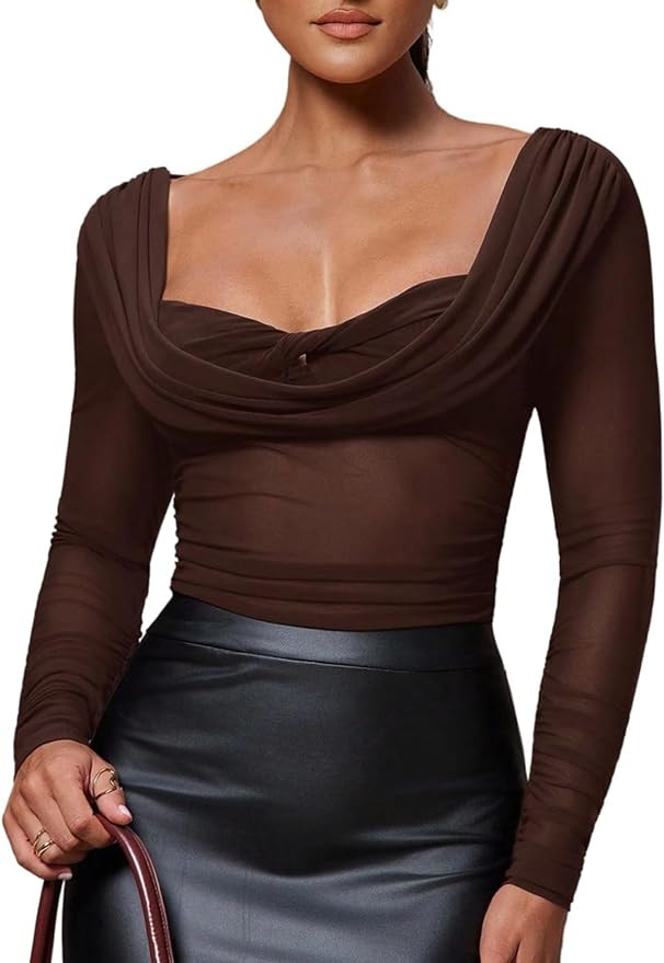Milumia Women's Draped Long Sleeve Sheer Mesh Top Cowl Neck Ruched Fitted Going Out Tops Night Ou... | Amazon (US)