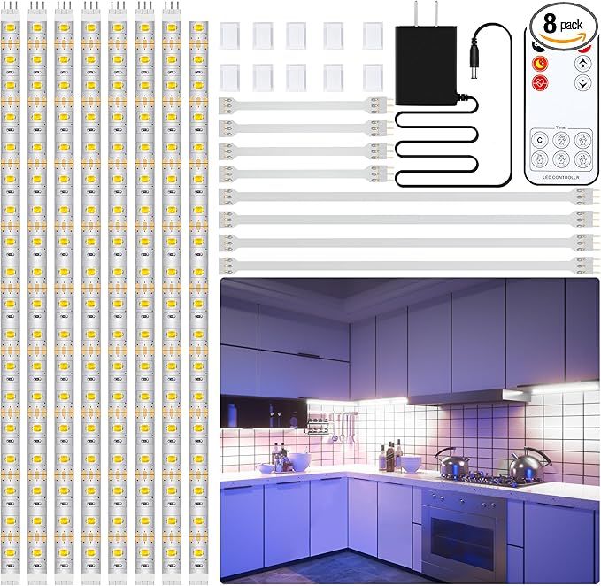 LAFULIT 8 PCS Under Cabinet Lighting Kit, Bright Under Cabinet Lights, Flexible Led Strip Lights ... | Amazon (US)