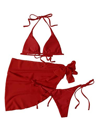 MakeMeChic Women's 3packs Triangle Bikini Swimsuit & Beach Skirt Red L | Amazon (US)
