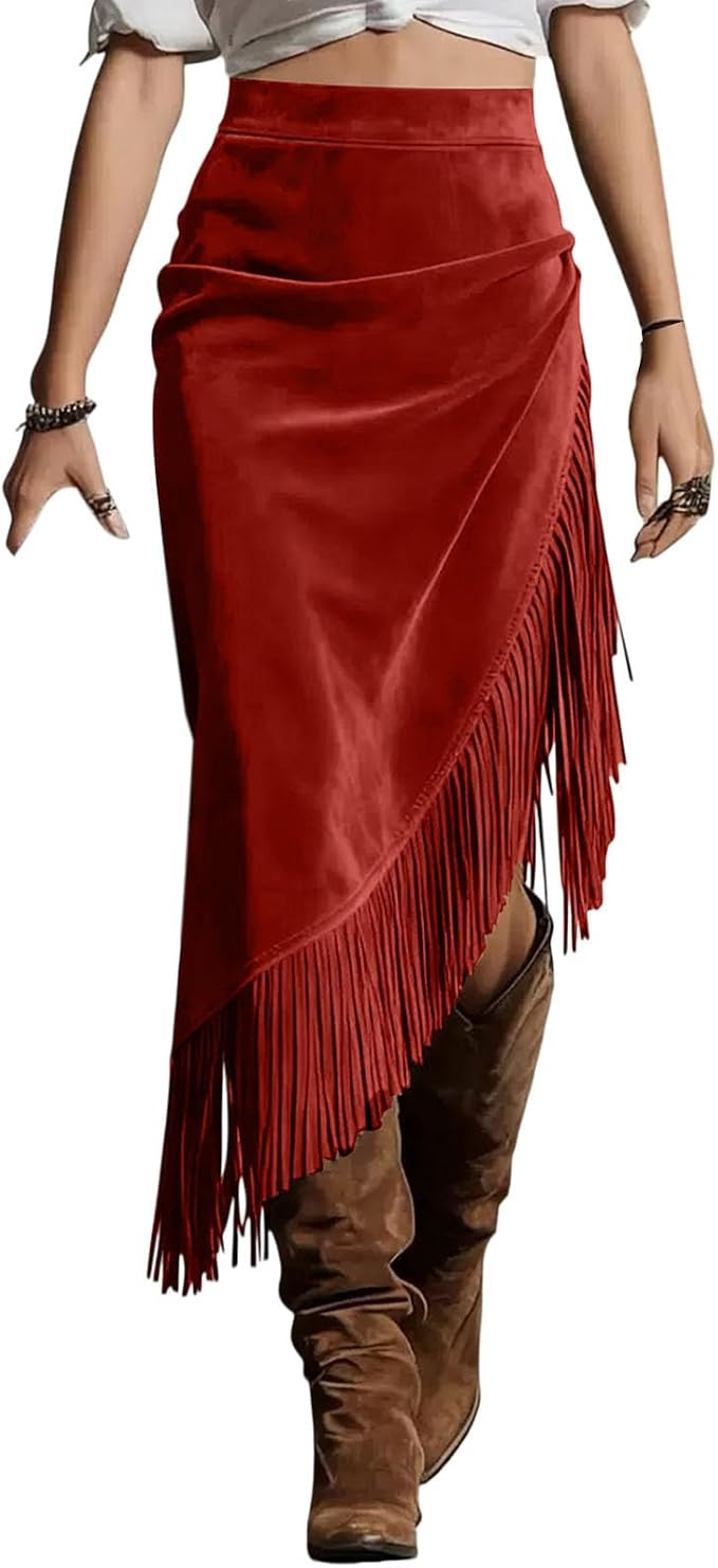 Fringe Faux Suede Vintage Skirt for Women Boho High Waisted Tassel Long Skirt High Country Cowgir... | Amazon (US)