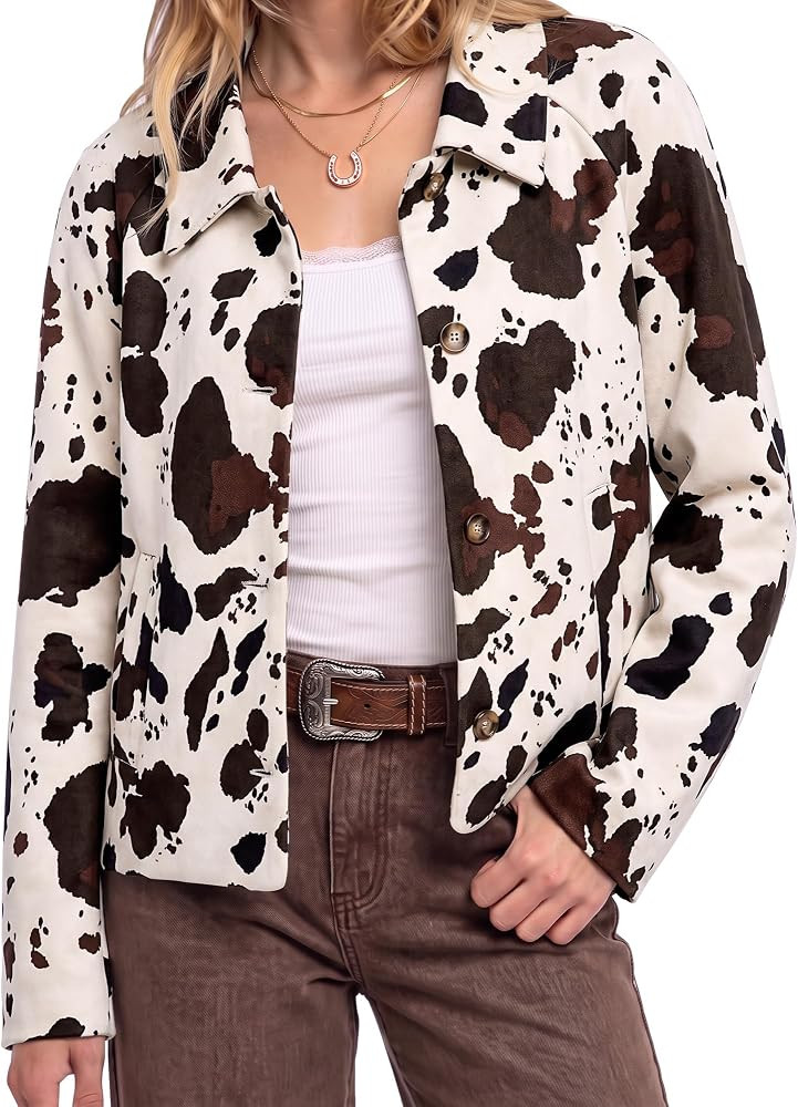 luvamia Faux Suede Cow Print Fall Jackets For Women Cropped Jacket Shacket | Amazon (US)