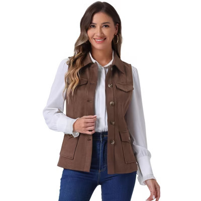 INSPIRE CHIC Women's Buttoned Sleeveless Faux Suede Utility Vest with Cargo Pocket Coffee X-Small | Target