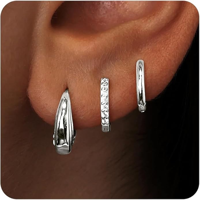 Small Sterling Silver Huggie Hoop Earrings Set for Women, Hypoallergenic 14K Gold Plated Hoops St... | Amazon (US)