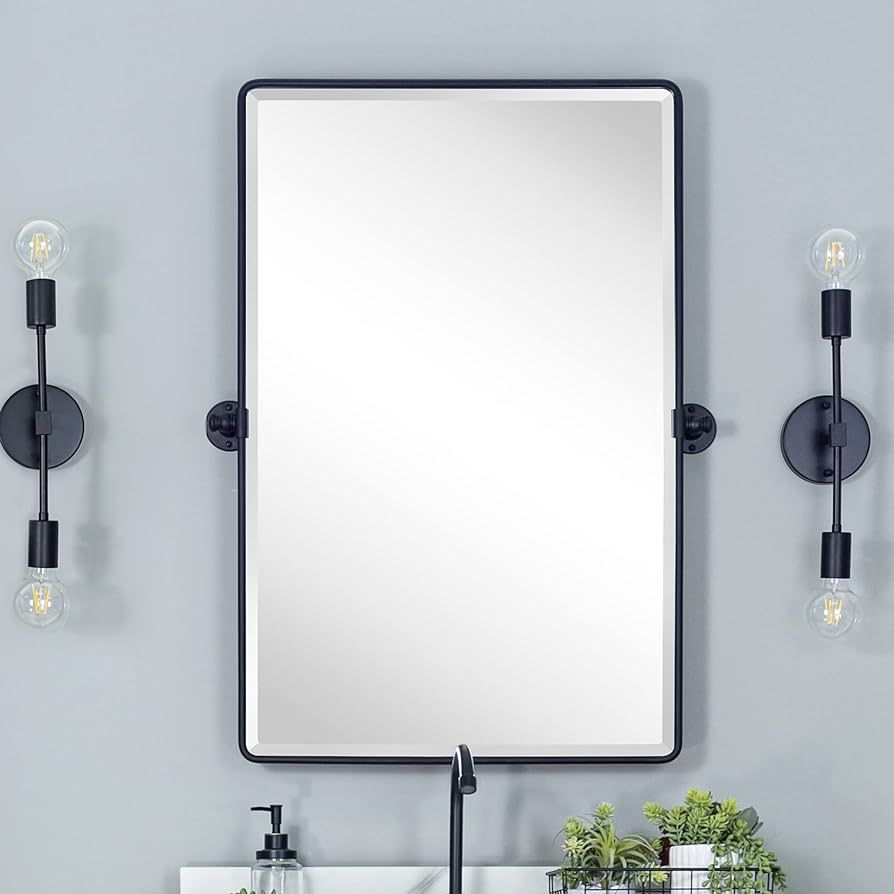 Farmhouse Pivot Rectangle Bathroom Mirror Black Metal Framed Tilting Beveled Vanity Mirrors for W... | Amazon (US)