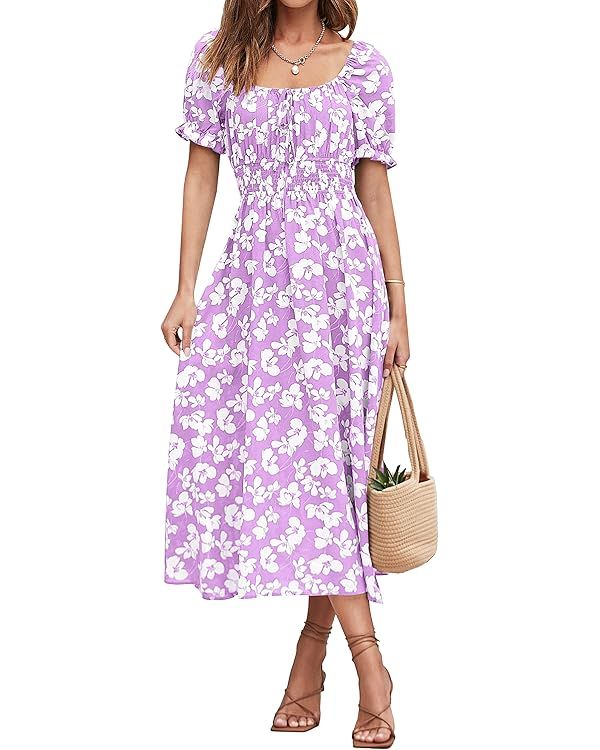XIONGMEI Women Summer Casual Square Neck Short Sleeve Smocked Waist A-Line Midi Dresses Boho Flor... | Amazon (US)