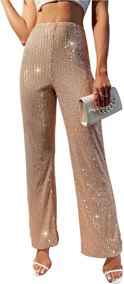 YHYJMY Womens High Waist Wide Leg Sparkle Sequin Bling Glitter Elastic Loose Flare Bell Bottom Shiny Pants | Amazon (US)