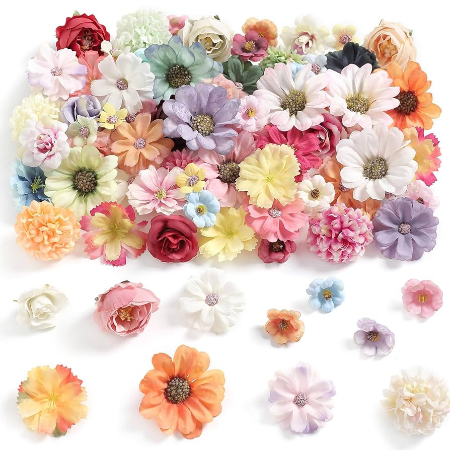 Faux Flower Heads Mini Multi Color Artificial Flower Heads Fake Peony Daisy Rose Flowers Multicol... | Amazon (US)