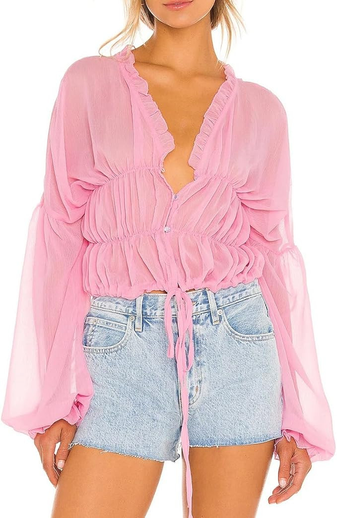 Crop Top Sheer See Through Tops for Women Long Puff Sleeve Chiffon Blouses for Women | Amazon (US)