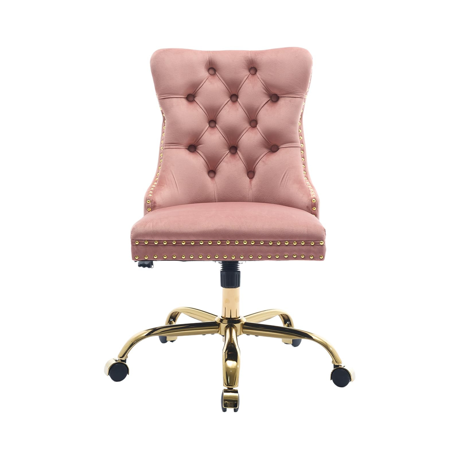 Pink Velvet Home Office Desk Chair with Wheels & Gold Base, Comfy Makeup Vanity Chair with Tufted... | Amazon (US)