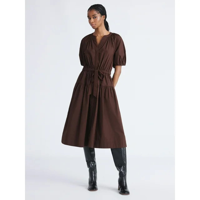 Free Assembly Women's and Women's Plus Cotton Midi Dress with Puff Sleeves, Sizes XS-4X - Walmart... | Walmart (US)