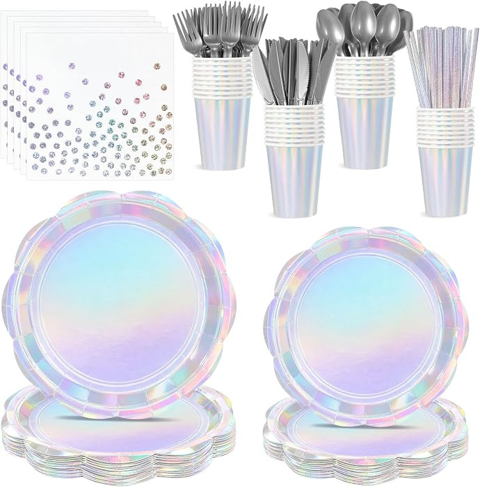 25 Set Iridescent Plates and Napkins Scalloped Iridescent Party Decorations | Amazon (US)