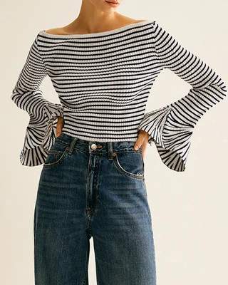 Black Striped Bell Sleeve Tee | rihoas.com