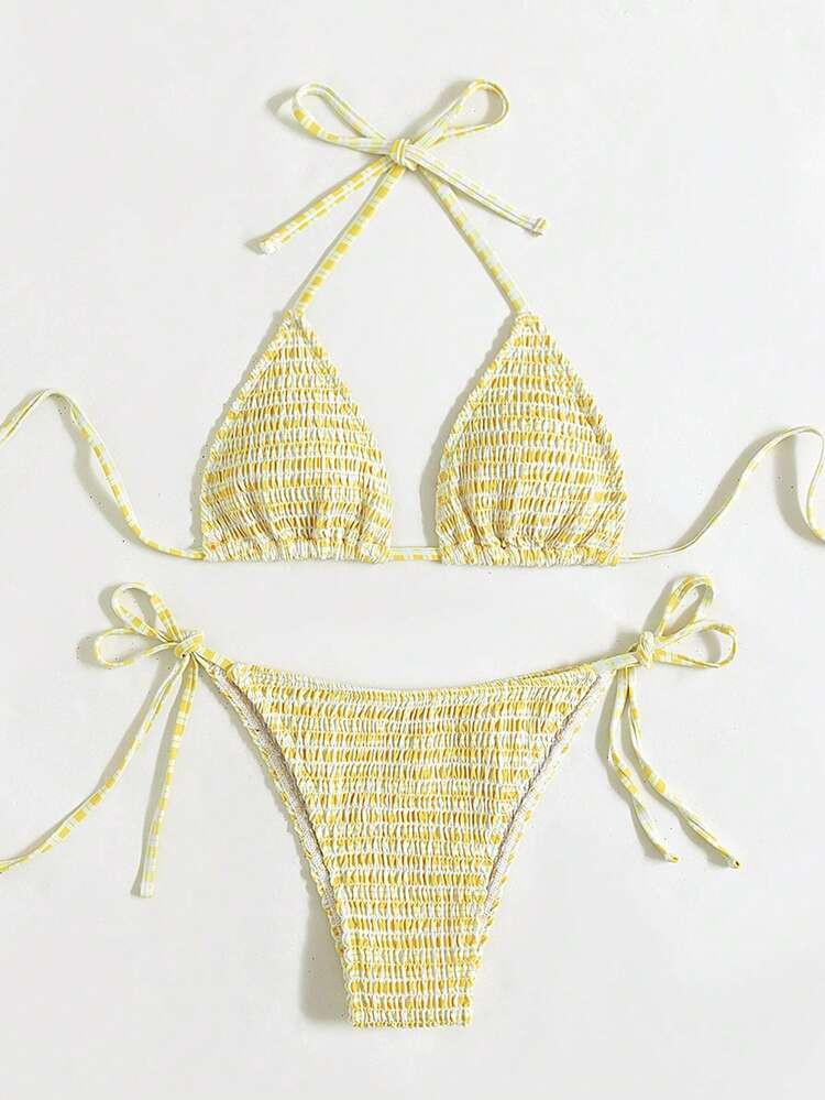 Striped Bikini Set Smocked Triangle Bra & Thong Bottom 2 Piece Bathing Suit | SHEIN