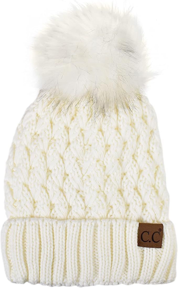 C.C Thick Cable Knit Faux Fuzzy Fur Pom Fleece Lined Skull Cap Cuff Beanie | Amazon (US)