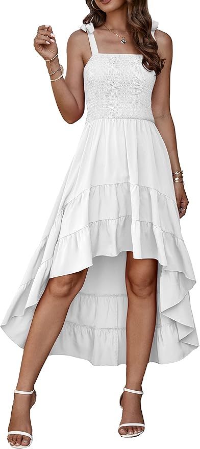 BTFBM Women Sleeveless Spaghetti Strap Summer Short Dress 2023 Square Beach Sundress Solid Smoked... | Amazon (US)