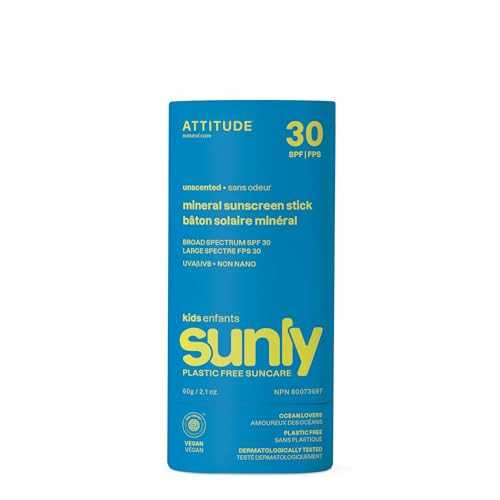 ATTITUDE Mineral Sunscreen Stick for Kids, SPF 30, EWG Verified, Plastic-Free, Broad Spectrum UVA/UVB Protection with Zinc Oxide, Dermatologically Tested, Vegan, Unscented, 2.1 Ounces | Amazon (US)