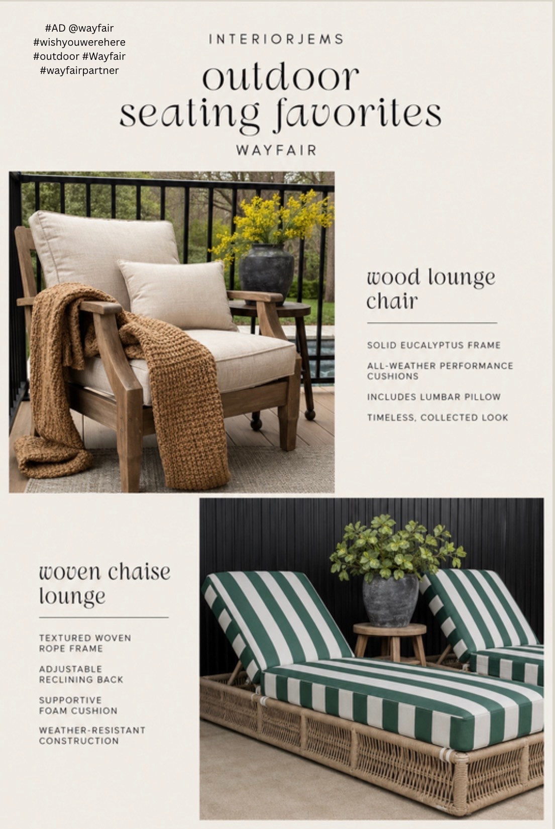 #AD It’s getting harder and harder to find outdoor seating that doesn’t look like everyone else’s.

I immediately saved that wood lounge chair for the shape alone. The warm eucalyptus frame, oversized cushions, and relaxed silhouette look like something you’d find at a boutique resort.

And those woven chaise lounges? They’re the kind of piece that completely changes the feel of a patio. The texture, the stripes, the scale… they’re a statement without trying too hard.

If you’re investing in outdoor seating this season, these are the pieces I’d build the entire space around.

@wayfair #wishyouwerehere #outdoor #Wayfair #WayfairPartner

#LTKSaleAlert #LTKHome