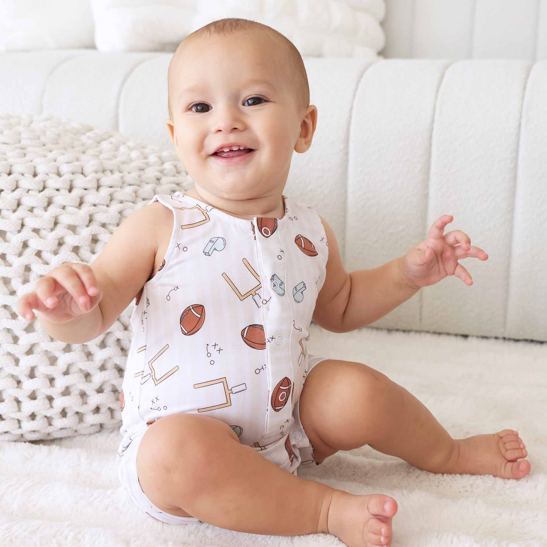 Sleeveless Snap Romper | Tiny Touchdowns Neutral | Caden Lane