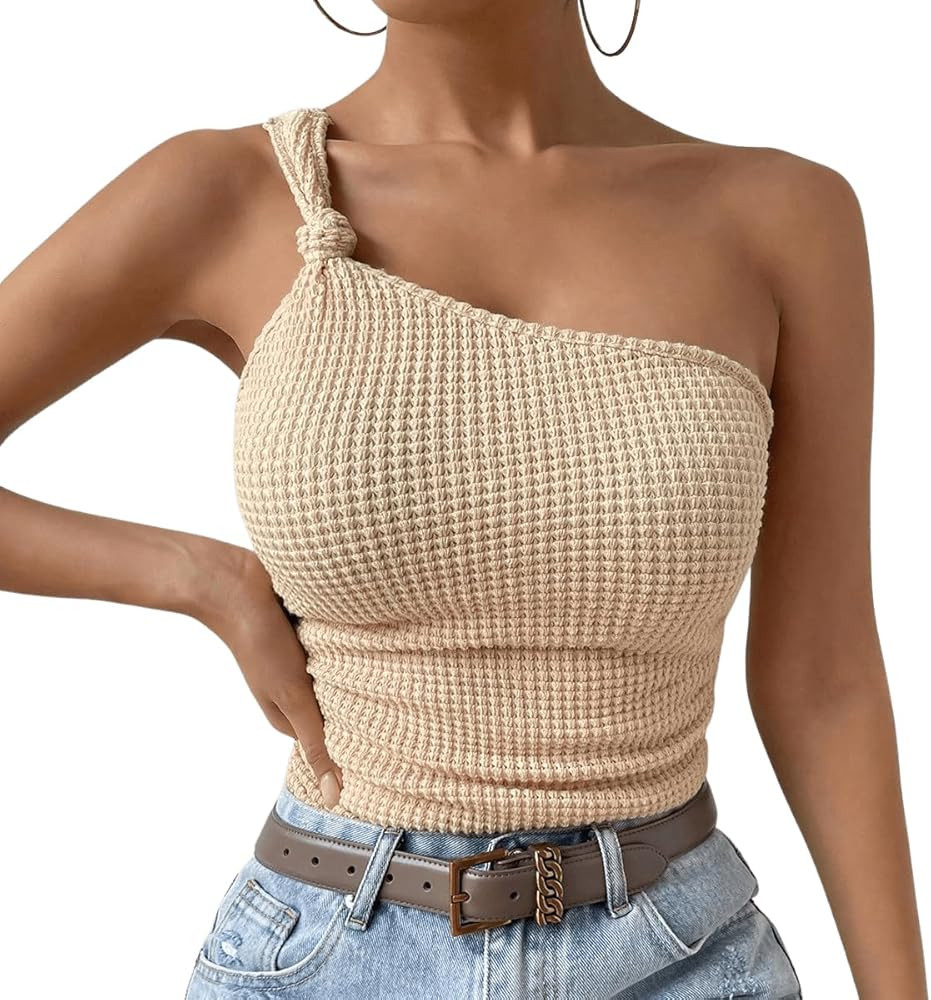 Women's Solid Knot Detail Tee Tops One Shoulder Asymmetrical Neck Sleeveless Waffle Knit Casual R... | Amazon (US)