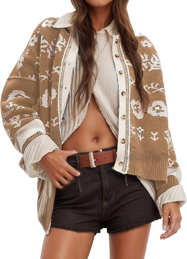 Womens Boho Knit Cardigan Sweater Floral Print Button Down Long Sleeve Cropped Tops 2025 Fashion ... | Amazon (US)