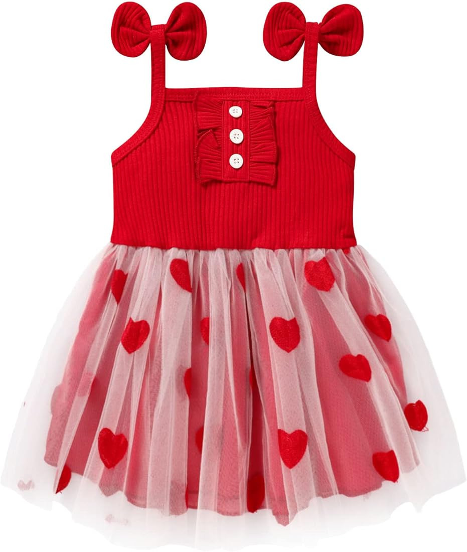 Toddler Baby Girl Valentine's Day Outfit Kids Sleeveless Strap Knit Dress Love Heart Print Prince... | Amazon (US)