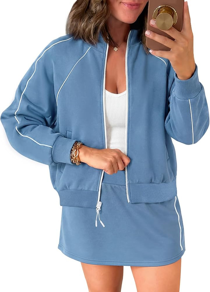 Womens 2 Piece Skirt Sets Zip Up Cropped Jackets Skort Set Workout Outfits | Amazon (US)