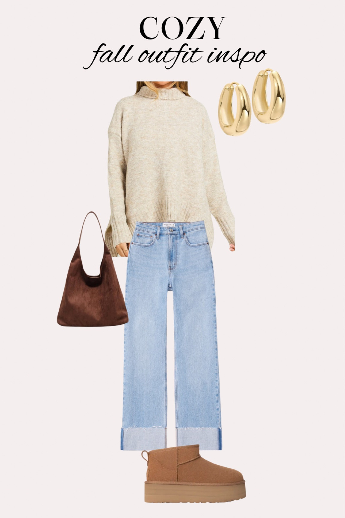 Oversized turtleneck sweater (love this turtleneck sweater because neck part is COMFY)

Sweater is also cozy but not too warm! Runs true to size (wearing a US 8). Jeans runs true to size as well! ***Linking more jeans options too that have a better size availability***