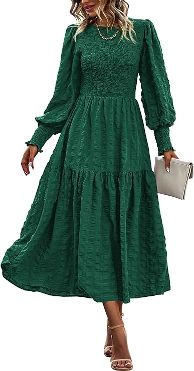 PRETTYGARDEN Women 2024 Fall Puff Long Sleeve Smocked Maxi Dress Crewneck Empire Waist Tiered A-l... | Amazon (US)