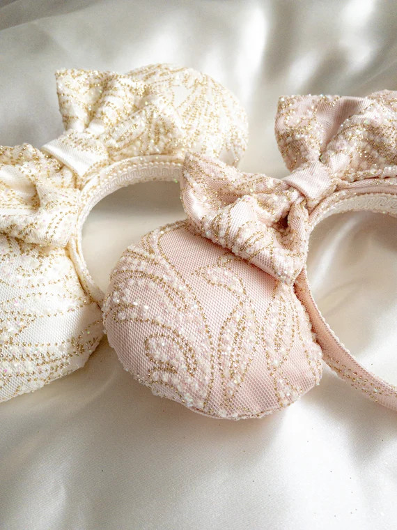 Cream and pink satin gold mouse ears, princess minnie ears, glitter pink minnie ears, bridal mous... | Etsy (US)