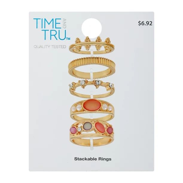 Time and Tru Crystal and Faux Pearl Mauve Stackable Ring Set, 5-Piece | Walmart (US)