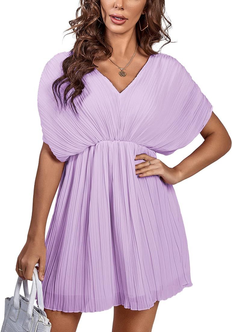 Rooscier Women's Pleated Sleeveless V Neck Swing High Waist Elegant Party Mini Dress | Amazon (US)