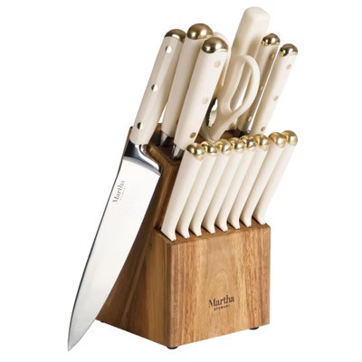 Martha Stewart 16 Piece Lockton High Carbon Stainless Steel Cutlery w/ Acacia Wood Block -  Linen | Target