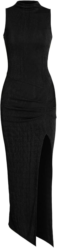 Women Sexy Semi Sheer Sleeveless Mock Turtleneck Jersey Ruched Thigh Slit Bodycon Maxi Dress for ... | Amazon (US)