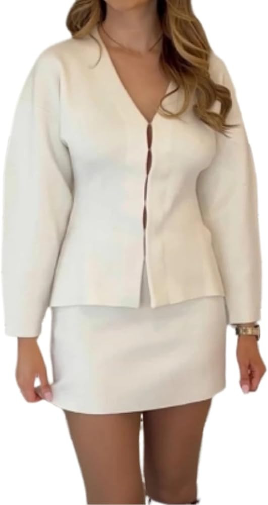 Mini Skirt Set Women Y2k Knit Set Oversized Long Bell Sleeve Matching Sets Old Money Clothes 2 Pi... | Amazon (US)