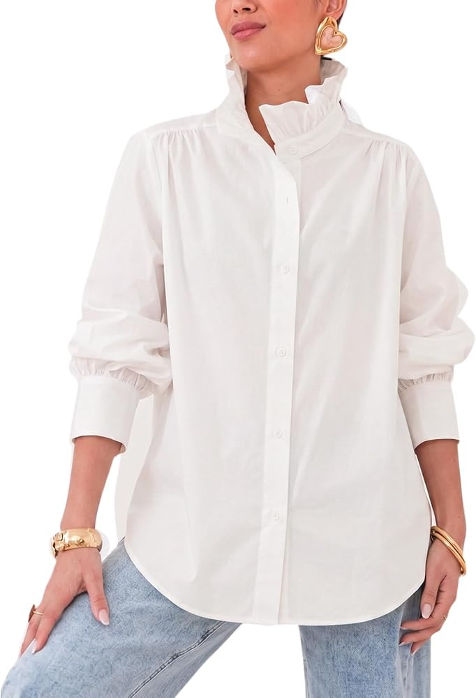 Hixiaohe Ruffled Collar Shirt for Women Casual Button Down French Blouse | Amazon (US)