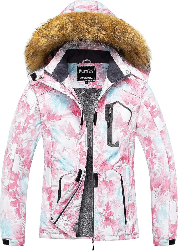 Pursky Women's Waterproof Ski Jacket Winter Snow Coats Fur Hooded Raincoat Parka | Amazon (US)