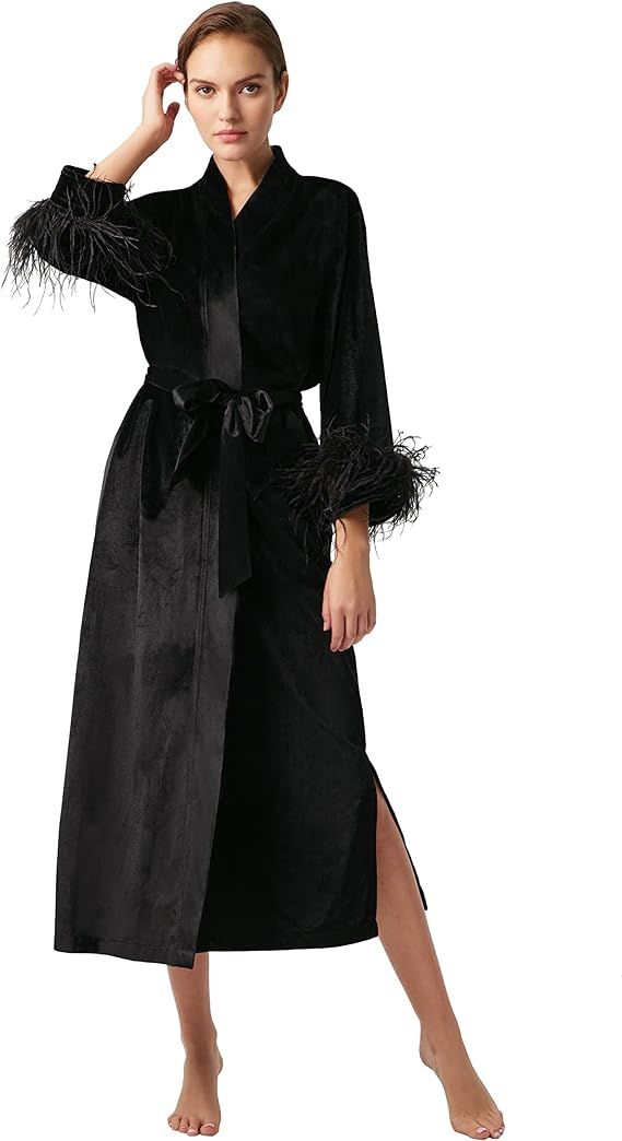 PRODESIGN Women Long Velvet Robe with Ostrich Feather Trim Soft Warm Bathrobe Pure Color Sleepwea... | Amazon (US)
