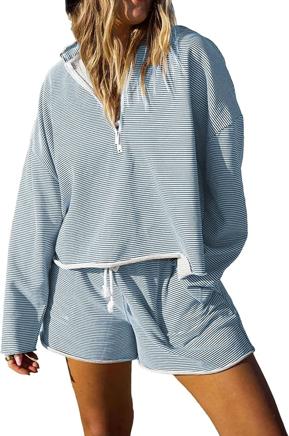Bozanly Women's 2 Piece Outfits Casual Quarter Zip Long Sleeve Pullover and Drawstring Shorts Lou... | Amazon (US)