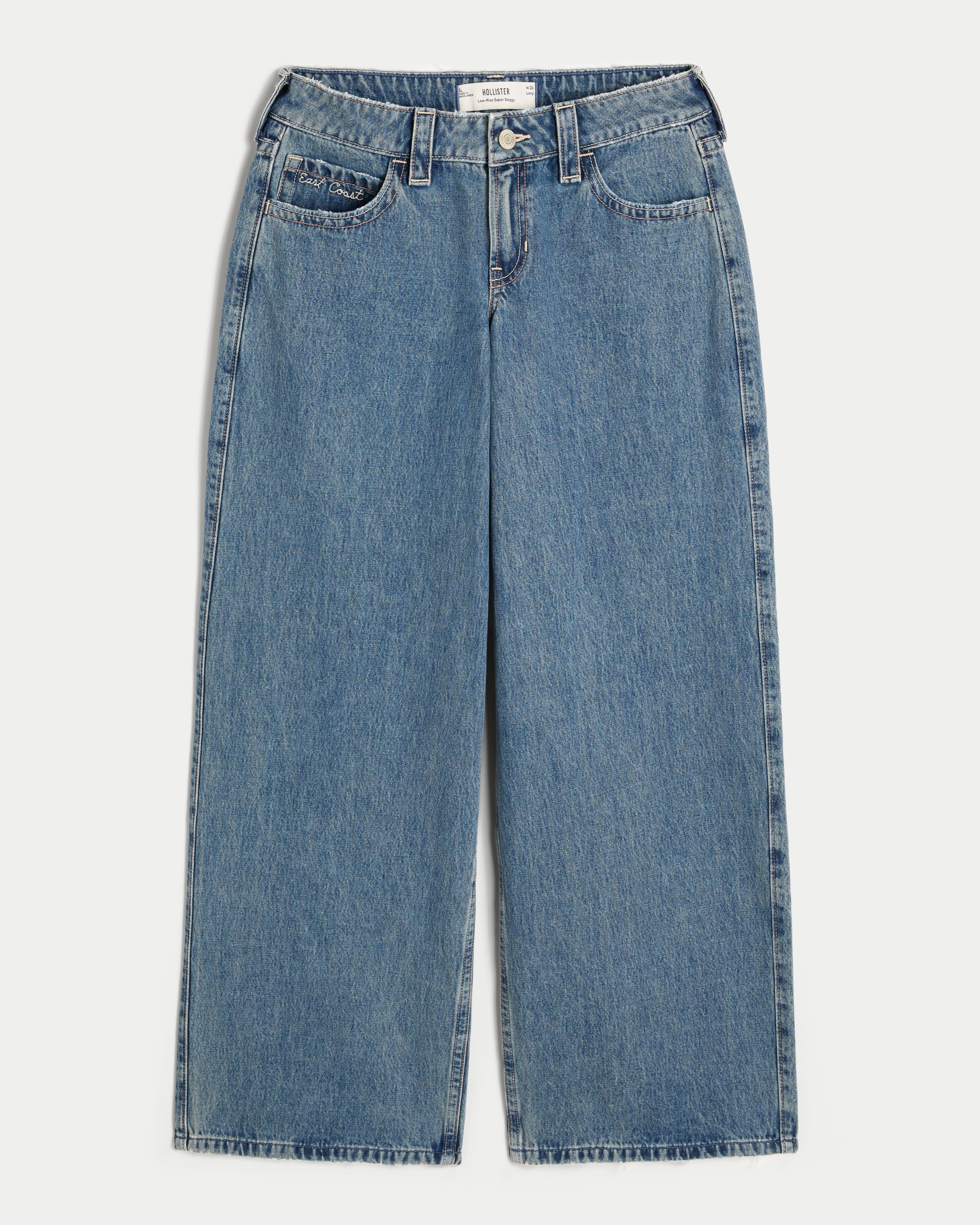 Low-Rise Medium Wash Embroidered Shell Super Baggy Jeans | Hollister (US)