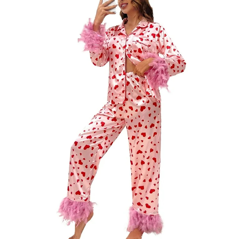 Mlqidk Women's Satin Pajama Set Valentine's Day Feather Trim Long Sleeve Button Down Sleepwear 2-... | Walmart (US)