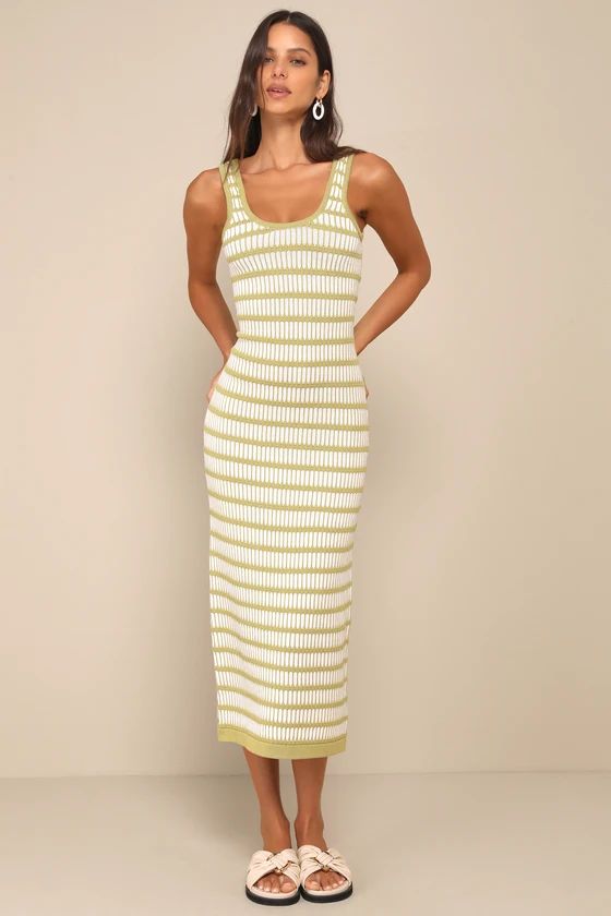 Curated Choice Green and Ivory Striped Cutout Knit Midi Dress | Lulus