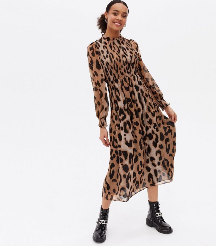 Brown Leopard Print Chiffon Shirred High Neck Midi Dress
						
						Add to Saved Items
						Re... | New Look (UK)