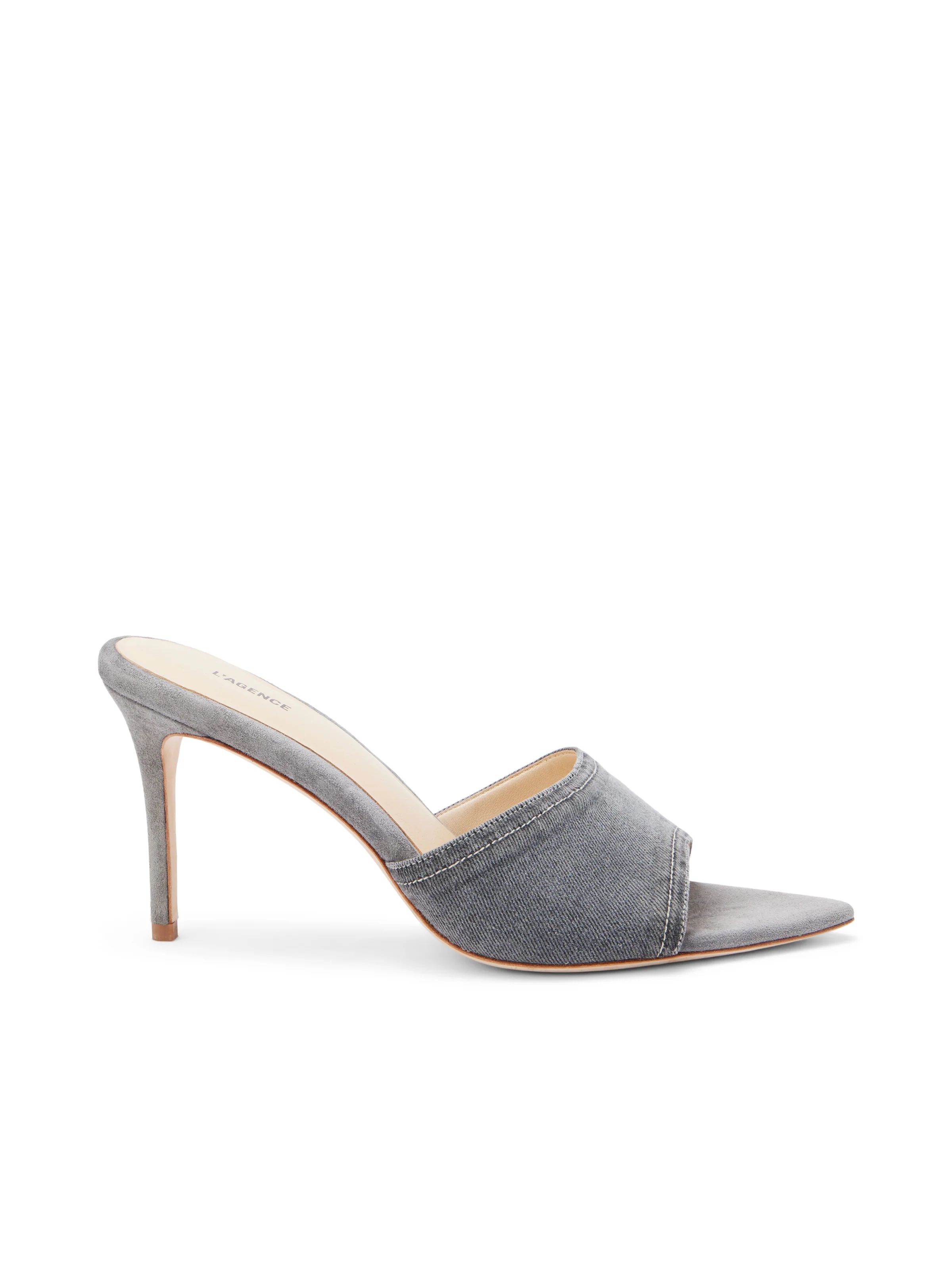 L'AGENCE Lolita Open Toe Mule in Grey Denim | L'Agence