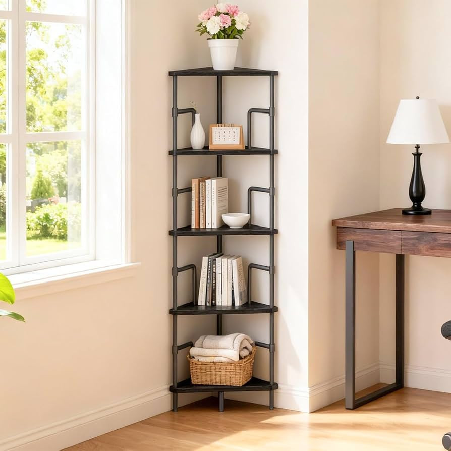 52.8" Corner Shelf, 5-Tier Industrial Corner Bookshelf with Metal Frame, Small Plant Stand, Displ... | Amazon (US)