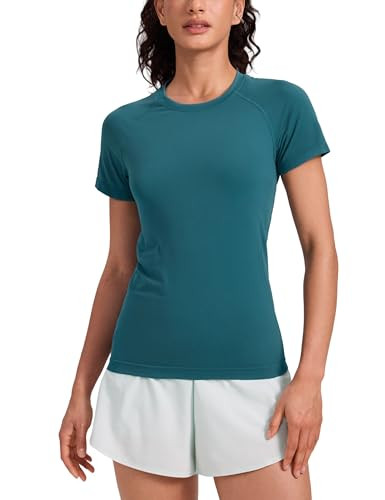 CRZ YOGA Seamless Workout Tops for Women Hip Length - Athletic Running Gym Yoga Short Sleeve Shirts Breathable Crewneck Tees Green Jade XX-Small | Amazon (US)